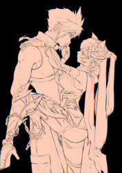 1boy 1girl animal_ears apron bare_shoulders black_background boots breasts chain claw_(weapon) clawed_gauntlets cloud_strife commentary_request couple feet_out_of_frame fenrir_(final_fantasy) final_fantasy final_fantasy_vii final_fantasy_vii_advent_children final_fantasy_vii_ever_crisis finger_to_another&#039;s_mouth from_side hand_on_another&#039;s_cheek hand_on_another&#039;s_face hand_on_another&#039;s_leg hand_on_another&#039;s_neck hand_on_another&#039;s_shoulder headpiece height_difference high_heel_boots high_heels high_ponytail highres large_breasts leg_up long_hair looking_at_another ninnin5tora official_alternate_costume ponytail portrait scarf shirt short_hair sleeveless sleeveless_shirt spiked_hair standing standing_on_one_leg tifa_lockhart tifa_lockhart_(armor_of_the_worthy) waist_apron weapon wolf_ears