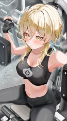 1girl alternate_costume armpits bare_shoulders black_sports_bra blonde_hair blue_feathers blush breasts cleavage closed_mouth commentary_request exercising exercise_machine feather_hair_ornament feathers genshin_impact hair_between_eyes hair_ornament highres kabu_usagi large_breasts lumine_(genshin_impact) midriff navel paid_reward_available short_hair short_hair_with_long_locks signature sitting solo sports_bra stomach sweat v-shaped_eyebrows yellow_eyes