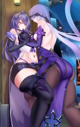 2girls absurdres acheron_(honkai:_star_rail) bare_shoulders black_gloves black_swan_(honkai:_star_rail) breasts chain chain_around_arm cleavage coat detached_sleeves dress elbow_gloves gloves hair_spread_out hetani312 highres honkai:_star_rail honkai_(series) large_breasts long_hair looking_at_viewer multiple_girls pantyhose purple_dress purple_eyes purple_gloves purple_hair purple_sleeves purple_veil single_wide_sleeve smile thighs veil very_long_hair white_coat yellow_eyes yuri