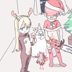 1boy 2girls alcohol antlers arm_behind_back bandaid bandaids_on_nipples blonde_hair blood blood_splatter blood_writing blue_eyes breasts broken_window brown_jumpsuit capelet chainsaw christmas christmas_tree closed_mouth covered_eyes cup drinking_glass facing_viewer fake_antlers frontless_outfit fur-trimmed_capelet fur-trimmed_thighhighs fur_trim hair_over_eyes hairband half-closed_eyes hat holding holding_chainsaw holding_cup horns indoors jumpsuit lokulo_no_mawashimono loli long_bangs long_hair looking_at_viewer lowres multiple_girls murder naked_capelet original pasties red_capelet red_hat red_thighhighs reindeer_antlers sadoko_(lokulo_no_mawashimono) santa_costume santa_hat short_hair small_breasts smile standing thighhighs wine wine_glass yurika_a_lutwidge_(lokulo_no_mawashimono)