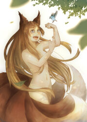 Rule 34 | 1girl, absurdres, animal, animal ear fluff, animal ears, arm up, armpits, bird, blue bird, brown hair, collarbone, commentary, completely nude, convenient arm, dappled sunlight, english commentary, falling leaves, fingernails, floating hair, fox ears, fox girl, fox tail, hair censor, hair over shoulder, hand up, happy, highres, kitsune, kyuubi, leaf, long hair, multiple tails, navel, nude, open mouth, original, sidelocks, simple background, smile, sophie usui, standing, stomach, sunlight, tail, tongue, tree, very long hair, white background, white eyes