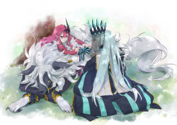 1boy 2girls animal_ears baobhan_sith_(fate) baobhan_sith_(first_ascension)_(fate) black_dress closed_eyes cocozome crown dress fate/grand_order fate_(series) furry furry_male green_eyes hair_between_eyes long_hair long_sleeves morgan_le_fay_(fate) morgan_le_fay_(queen_of_winter)_(fate) multiple_girls pink_hair ponytail smile veil very_long_hair white_hair wide_sleeves woodwose_(fate) yellow_eyes