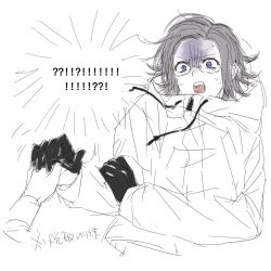 aotsuki_eito black_gloves blue_eyes drawstring glasses gloves grey_hair holding_hands long_sleeves male_focus open_mouth parted_hair sketch solo_focus sweat sweatdrop teeth the_hundred_line_-last_defense_academy- upper_body upper_teeth_only white_background