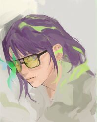 Rule 34 | 1girl, bad id, bad twitter id, blue pupils, blunt bangs, closed mouth, contemporary, earpiece, from side, genshin impact, glasses, grey background, head only, highres, hood, hoodie, leaning forward, long hair, looking at viewer, looking to the side, mole, mole under eye, multicolored eyes, onevwin, purple eyes, purple hair, raiden shogun, sketch, solo, thick lips
