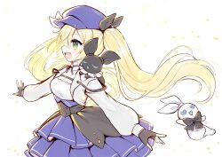1girl bao_bao_(dokibird) black_gloves blonde_hair breasts newsboy_cap choker cleavage cowboy_shot dokibird_(vtuber) dokibird_(vtuber)_(retro_doki) dress fingerless_gloves frilled_choker frills from_side gloves green_eyes hat highres indie_virtual_youtuber jacket layered_skirt long_hair long_sleeves mascot medium_breasts mei_mei_(dokibird) melon-fox open_clothes open_jacket open_mouth outstretched_arms profile simple_background skirt smile twintails underbust very_long_hair virtual_youtuber white_background