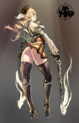 Rule 34 | 10s, 1girl, arched back, ass, beret, black thighhighs, blonde hair, boots, breasts, crosshair, detached sleeves, drill hair, dual wielding, fingerless gloves, from behind, gloves, gun, hat, high heels, highres, holding, jeffr, kyubey, looking back, magical girl, magical musket, mahou shoujo madoka magica, mahou shoujo madoka magica (anime), musket, panties, pantyshot, puffy sleeves, rifle, shoes, skindentation, skirt, thighhighs, thighs, thong, tomoe mami, tomoe mami (magical girl), twin drills, twintails, underwear, upskirt, weapon, yellow eyes