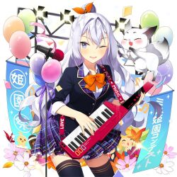 1girl animal balloon bow bowtie grey_eyes grey_hair instrument long_hair microphone multicolored_eyes one_eye_closed orange_bow purple_eyes roselia_violet salt_(salty) school_uniform uchi_no_hime-sama_ga_ichiban_kawaii