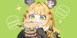 1girl absurdres animal_ears blonde_hair burger commentary eating fang food green_background green_eyes hanakonenne highres holding holding_food ju_fufu simple_background solo sparkle tiger_ears tiger_girl upper_body white_hair zenless_zone_zero