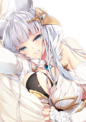 1girl 218 animal_ears asymmetrical_clothes bare_shoulders blue_eyes blunt_bangs blush breasts cleavage dress elbow_gloves erune female_focus fingerless_gloves gloves granblue_fantasy hair_ornament korwa large_breasts long_hair looking_at_viewer lying on_side parted_lips silver_hair simple_background skindentation smile solo tape_measure white_background