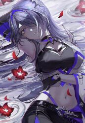 1girl acheron_(honkai:_star_rail) ame_shizuri. black_choker black_gloves breasts choker commentary flower gloves hair_over_one_eye halterneck highres honkai:_star_rail honkai_(series) large_breasts long_hair navel parted_lips purple_eyes purple_hair red_flower red_petals solo water