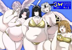 5girls animal_ear_hairband animal_ears animal_print bear_print belly big_belly bikini black_hair blue_background blue_eyes blush breasts brown_hair cleavage closed_eyes covered_eyes cow_print cow_print_bikini detached_collar fake_animal_ears fang fat fat_woman feathered_wings frown gold_bikini green_eyes hair_over_eyes hair_wings hairband horns large_breasts long_hair medium_breasts medium_hair multicolored_hair multiple_girls navel open_mouth original pink_eyes pink_hair pink_wings plump print_bikini rabbit_ear_hairband rabbit_ears short_hair signature skindentation standing swimsuit thick_thighs thighs two-tone_hair white_hair white_hairband wings yoko_koyoyo