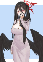 1girl alternate_costume aooka black_hair black_wings blue_archive blue_background blush breasts cleavage closed_mouth collarbone commentary covered_navel dongtan_dress double-parted_bangs dress feathered_wings grey_dress grey_jacket hair_between_eyes halo hasumi_(blue_archive) highres jacket large_breasts letterboxed long_hair long_hair_between_eyes looking_at_viewer meme_attire mole mole_under_eye red_eyes simple_background skindentation solo twintails very_long_hair wings