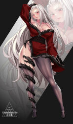 1girl artist_logo asymmetrical_legwear black_gloves black_shoes breasts collarbone colored_eyelashes commission eyelashes fingerless_gloves gloves grey_hair hand_in_own_hair highres logo long_hair long_sleeves mad_kimo off_shoulder original parted_lips red_eyes shiny_skin shoes single_leg_pantyhose single_thighhigh solo thighhighs