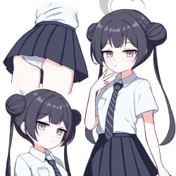 black_hair black_necktie black_skirt blue_archive breast_pocket collared_shirt cowboy_shot cropped_legs double_bun grey_eyes grey_halo hair_bun halo io9 kisaki_(blue_archive) loli long_hair looking_at_viewer multiple_views necktie panties pantyshot parted_lips pleated_skirt pocket shirt short_sleeves simple_background skirt twintails underwear upper_body v white_background white_panties white_shirt