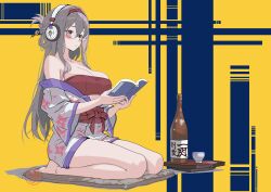 1977_oj3 1girl absurdres alternate_costume bandeau bare_legs blue_background blush book bottle breasts brown_eyes choko_(cup) cleavage commentary_request cup double-parted_bangs floral_print floral_print_kimono folded_ponytail full_body goddess_of_victory:_nikke hair_rings headphones highres holding holding_book japanese_clothes kimono large_breasts long_hair off_shoulder on_pillow print_kimono reading red_bandaid red_bandeau red_sash sake_bottle sash scarlet_(nikke) seiza semi-rimless_eyewear single_hair_ring sitting solo tray two-tone_background under-rim_eyewear yellow_background