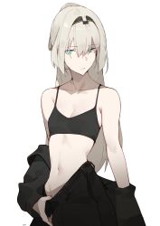 1girl absurdres an-94_(girls&#039;_frontline) aqua_eyes black_bra black_hairband black_pants blonde_hair bra collarbone coteri girls&#039;_frontline hairband highres long_hair navel pants simple_background solo underwear white_background