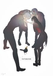 1girl 1other 3boys bird bird_mask black_bird boots brown_hair crow full_body highres hood hood_up kieran_(love_and_deepspace) long_hair long_sleeves love_and_deepspace luke_(love_and_deepspace) mask mephisto_(love_and_deepspace) multiple_boys ng_ai0 pants protagonist_(love_and_deepspace) shirt short_hair sylus_(love_and_deepspace) white_background white_hair
