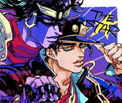 1boy 1other adjusting_clothes adjusting_headwear armor black_coat black_hair black_hat chain coat colored_skin commentary commentary_request daria10 english_text fingerless_gloves gakuran gloves gold_chain green_eyes hat high_collar jojo_no_kimyou_na_bouken kepi kuujou_joutarou long_hair male_focus military_hat parted_lips pauldrons purple_gloves purple_skin red_scarf red_shirt scarf school_uniform shirt shoulder_armor stand_(jojo) star_(symbol) star_platinum stardust_crusaders teeth