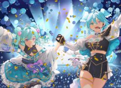 2girls :d aqua_eyes aqua_hair arm_up artist_name balloon black_gloves blue_hair breasts cleavage cleavage_cutout clothing_cutout commentary confetti crowd double_bun elira_pendora english_commentary finana_ryugu finana_ryugu_(2nd_costume) fins flower gloves grin hair_between_eyes hair_bun hair_flower hair_ornament head_fins head_wings heterochromia high_ponytail holding_hands lazulight long_hair looking_at_viewer medium_breasts midriff multiple_girls nijisanji nijisanji_en open_mouth pikl_(elira_pendora) ponytail purple_eyes shoulder_cutout signature small_breasts smile thighhighs virtual_youtuber wings xiaociiao zettai_ryouiki