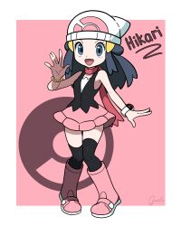 1girl :d absurdres black_shirt black_socks blue_eyes blue_hair boots border character_name dawn_(pokemon) full_body garloo hair_ornament hairclip hat highres kneehighs long_hair looking_at_viewer nintendo open_mouth outside_border pink_background pink_boots pink_skirt poke_ball_symbol pokemon pokemon_dppt red_scarf scarf shirt signature skirt sleeveless sleeveless_shirt smile socks solo standing white_border white_hat