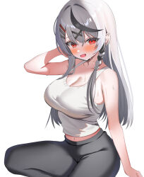 1girl aa44 black_hair blush breasts cleavage grey_hair hair_ornament highres hololive large_breasts long_hair looking_at_viewer multicolored_hair open_mouth pants red_eyes sakamata_chloe solo streaked_hair tight_clothes virtual_youtuber x_hair_ornament yoga_pants
