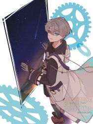1boy adversarial_noise amanatsu_(amanatu5069) black_sclera black_shorts blue_eyes brown_shoes closed_mouth coat colored_sclera commentary_request from_above full_body gears gloves grey_gloves grey_hair grey_socks hand_on_window heterochromia highres id_card looking_at_viewer male_focus mismatched_sclera reverse:1999 shoes short_hair shorts smile socks solo standing watermark white_background white_coat x_(reverse:1999) yellow_eyes