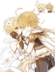absurdres aether_(genshin_impact) ahoge anger_vein armor bare_shoulders blonde_hair braid braided_ponytail brother_and_sister brown_pants brown_shirt chibi chibi_inset closed_eyes cropped_shirt dress flower genshin_impact hair_flower hair_ornament hands_on_another&#039;s_face highres huhu_norii long_hair lumine_(genshin_impact) pants scarf shirt short_hair_with_long_locks shoulder_armor siblings sidelocks simple_background single_braid spoken_anger_vein white_background white_dress white_flower white_scarf yellow_eyes