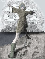 1girl blue_eyes blue_hair boots cecil_rhodes cross dirty_footwear green_boots highres jubilee_2025 latin_cross location_request luce_(jubilee_2025) mewenek raincoat real_world_location rosary rubber_boots short_hair the_rhodes_colossus yellow_raincoat