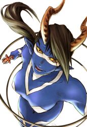 Rule 34 | 1girl, artist name, black hair, blue skin, body markings, breasts, colored sclera, colored skin, cybele (megami tensei), eyelashes, facial mark, fangs, from above, holding, holding weapon, horns, lips, long hair, looking at viewer, megami tensei, nude, open mouth, ponytail, riko (petapeta22), signature, simple background, solo, weapon, white background, yellow eyes, yellow sclera