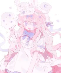 1girl blue_eyes blush bow bowtie cotton_candy dress food frilled_dress frills hair_between_eyes hair_ornament hand_up highres holding holding_food long_hair looking_at_viewer mask mask_on_head memuro original pink_hair puffy_short_sleeves puffy_sleeves short_sleeves smile solo star_(symbol) twitter_username watermark white_dress