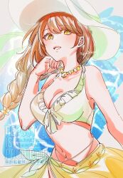 1girl anti-ai_watermark artist_name bikini braid breasts brown_hair chinese_text cleavage english_text fire_emblem fire_emblem_engage fire_emblem_heroes gold_sarong goldmary_(fire_emblem) goldmary_(summer)_(fire_emblem) hat highres jewelry large_breasts long_hair looking_at_viewer navel necklace nintendo official_alternate_costume open_mouth sarong smile solo sun_hat swimsuit watermark white_bikini yellow_eyes yellow_sarong yutohiroya