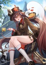 1girl boo_tao_(genshin_impact) brown_hair cat fish flower-shaped_pupils food genshin_impact hat highres holding holding_food hu_tao_(genshin_impact) long_hair one_eye_closed socks symbol-shaped_pupils thighs white_socks yutoriko_(candy0905)