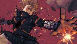 Rule 34 | 1boy, bakugou katsuki, blonde hair, boku no hero academia, commentary request, cou (captain armstrong), covered pectorals, dirty, dirty face, explosion, male focus, open mouth, pectorals, red eyes, short hair, solo, spiked hair, superhero costume, teeth, tight clothes, toned, toned male