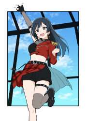 1girl :d absurdres arm_up black_boots black_shorts blue_sky boots border breasts cleavage clenched_hand clenched_hands collarbone commentary cropped_jacket day dive!_(love_live!) earrings epaulettes fingerless_gloves gloves grey_eyes hair_ornament half-jacket highres jacket jewelry large_breasts leg_up love_live! love_live!_nijigasaki_high_school_idol_club mamei_(imame1997) midriff official_alternate_costume open_mouth outside_border overskirt red_jacket see-through_cleavage see-through_clothes short_shorts shorts single_epaulette single_fingerless_glove single_glove single_thighhigh sky smile solo star_(symbol) star_earrings thighhighs triangle_hair_ornament w white_border yuki_setsuna