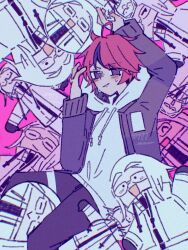 Rule 34 | 6+boys, :d, ahoge, aotsuki eito, arm up, black eyes, black gloves, black pants, black streaks, blue eyes, blush, clone, commentary, dashed eyes, drawstring, emoji, glasses, gloves, grey jacket, hand up, highres, hood, hoodie, jacket, looking at viewer, male focus, multicolored hair, multicolored jacket, multiple boys, open mouth, orb, pants, pink background, red hair, short hair, simple background, smile, streaked hair, sumino takumi, sweatdrop, symbol-only commentary, the hundred line -last defense academy-, thigh strap, too many, twitter username, two-tone jacket, uyuyuy maru, white hair, white hoodie, white jacket