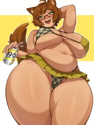 Rule 34 | 1girl, absurdres, ahoge, animal ear fluff, animal ears, arm behind head, bikini, blush, breasts, breasts apart, brown hair, brown tail, cameltoe, commentary, commission, covered erect nipples, cowboy shot, english commentary, green eyes, highres, holding, huge breasts, indie virtual youtuber, medium hair, melonpuff, mint castella, navel, open mouth, outline, plump, semi-rimless eyewear, simple background, solo, string bikini, strong zero, swimsuit, thick thighs, thighs, under-rim eyewear, white background, white outline