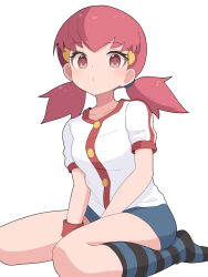 1girl buttons closed_mouth collarbone commentary_request eyelashes hair_ornament hairclip hiyoshipow jacket nintendo pink_eyes pink_hair pokemon pokemon_hgss short_sleeves shorts simple_background sitting socks solo striped_clothes striped_socks twintails white_background white_jacket whitney_(pokemon) wristband
