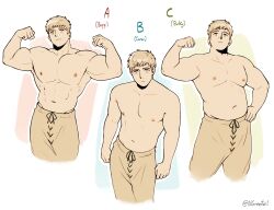 1boy abs alternate_body_size alternate_muscle_size bara biceps blonde_hair commentary cowboy_shot double_biceps_pose dungeon_meshi english_commentary english_text flexing groin hand_on_own_hip highres laios_touden large_pectorals light_smile male_focus multiple_views muscular muscular_male nifast_(greentail) pectorals simple_background thick_eyebrows topless_male v-taper white_background yellow_eyes