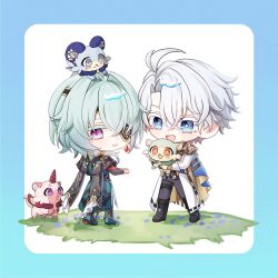 2boys anaxa_(honkai:_star_rail) back black_jacket black_pants blue_eyes chibi chibi_only chimera_(honkai:_star_rail) coat creature full_body fz7047 grey_hair highres honkai:_star_rail honkai_(series) jacket male_focus medium_hair multiple_boys open_mouth pants phainon_(honkai:_star_rail) pink_pupils short_hair smile white_coat