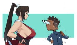 1boy 1girl artist_name bare_shoulders breasts brown_eyes brown_hair bulging_eyes commentary crossover dark-skinned_male dark_skin english_commentary eye_pop fatal_fury from_side gloves bad_tag bad_tag hands_on_own_hips high_ponytail highres japanese_clothes large_breasts long_hair ninja ponytail revealing_clothes seductive_smile shiranui_mai sideboob smile street_fighter street_fighter_6 surprised sweat twitter_username wallace_pires