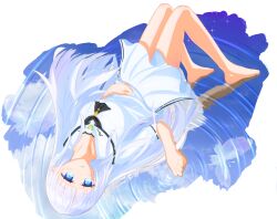 1girl =_hair_ornament absurdres ascot barefoot black_ascot blue_butterfly blue_eyes blue_sky blunt_bangs blush bug butterfly commentary english_commentary eyelashes from_above full_body glowing_butterfly hair_behind_ear hair_ornament hair_spread_out hairclip highres insect knees_up long_hair looking_at_viewer lying miniskirt naruse_shiroha on_back open_mouth reflection reflective_water ripples sailor_collar school_uniform sept_studiobeta serafuku shirt short_sleeves simple_background skirt sky solo sparkle straight_hair summer_pockets summer_pockets_school_uniform upside-down very_long_hair water white_background white_hair white_sailor_collar white_serafuku white_shirt white_skirt