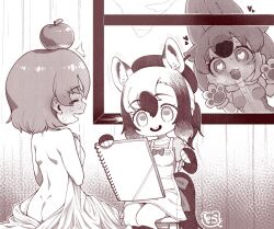 3girls animal_ears animal_hands apple_on_head apron ass bare_shoulders bed_sheet black_hair blush breasts butt_crack captain_(kemono_friends) dhole_(kemono_friends) dog_ears dog_girl elbow_gloves empty_eyes extra_ears fingerless_gloves gloves grey_hair greyscale hat heart heart-shaped_pupils horse_ears horse_girl horse_tail japari_symbol kemono_friends kemono_friends_3 licking looking_at_another medium_breasts monochrome multicolored_hair multiple_girls naked_sheet notora open_mouth paw_gloves pencil ponytail shirt short_hair short_sleeves sketchbook sleeveless smile symbol-shaped_pupils tail tarpan_(kemono_friends) two-tone_hair white_hair window yuri