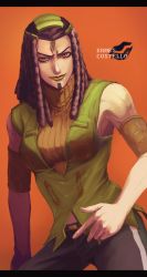 1girl absurdres black_hair braid breasts double_bun dreadlocks ermes_costello hair_bun highres jojo_no_kimyou_na_bouken lipstick makeup orange_background sano_(hospital_0434) short_hair solo stone_ocean turtleneck