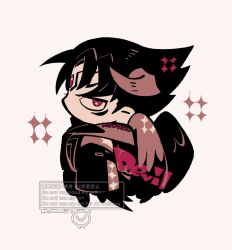 Rule 34 | 1boy, black coat, black hair, character name, chibi, chibi only, coat, devil jin, facial mark, full body, highres, horns, kazama jin, kotorai, male focus, red eyes, short hair, signature, simple background, solo, sparkle, tekken, wings