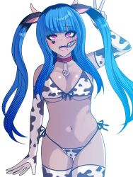 amemiya_darumi animal_ears animal_print black_hair blue_hair collarbone cow_ears cow_horns cow_print cow_print_bikini cow_print_gloves cow_print_thighhighs cowkini eyelashes eyeliner eyeshadow face_piercing hand_up heart horns lip_piercing long_hair makeup multicolored_hair navel navel_piercing open_mouth piercing pink_eyes print_bikini print_gloves print_thighhighs runny_makeup safety_pin tan teeth the_hundred_line_-last_defense_academy- tongue twintails upper_teeth_only v