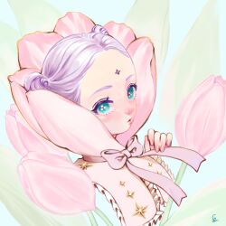 1girl blush bow double_bun eyelashes facial_mark fingernails flower forehead_mark frills green_eyes hair_bun leaf lips looking_at_viewer makeup nose_blush oka-easelandshiro original parted_lips pink_flower purple_hair rouge_(makeup) short_hair signature solo upper_body