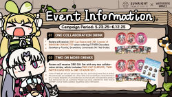 Rule 34 | &gt; &lt;, 2girls, ahoge, aqua eyes, black gloves, blonde hair, camellya (wuthering waves), carlotta (wuthering waves), changli (wuthering waves), commentary, cup, disposable cup, dress, drinking, drinking straw, drinking straw in mouth, english commentary, english text, gloves, green dress, highres, holding, holding cup, logo, multicolored eyes, multiple girls, official art, open mouth, parted bangs, pink eyes, second-party source, seseren, thumbs up, two-tone eyes, verina (wuthering waves), white gloves, white hair, wuthering waves