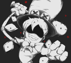 1girl absurdres baseball_bat black_background bow bowtie cyborg facing_viewer gloves grin hat highres mentos_toufu nail_(hardware) nail_bat peacock_(skullgirls) shaded_face sharp_teeth short_hair skullgirls smile solo teeth top_hat upper_body