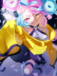 1girl absurdres blue_hair bow-shaped_hair breasts character_hair_ornament collarbone criss-cross_halter fake_hair_bun grey_pantyhose hair_ornament half-closed_eyes halter_shirt halterneck hexagon_print highres iono_(pokemon) jacket long_hair low-tied_long_hair matutake_777 medium_breasts multicolored_hair nintendo oversized_clothes pantyhose pantyhose_under_shorts pink_hair pokemon pokemon_sv sharp_teeth shorts single_leg_pantyhose sleeves_past_fingers sleeves_past_wrists smile solo split-color_hair teeth tera_orb v-shaped_eyebrows very_long_sleeves x yellow_jacket