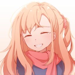 Rule 34 | 1girl, ^ ^, bilingual commentary, blue coat, blush, chinese commentary, closed eyes, coat, commentary request, facing viewer, gorilla-chan (axpdxsyc0222), grin, hair ornament, hair scrunchie, highres, ikizulive! love live! bluebird, long hair, love live!, mixed-language commentary, one side up, orange hair, pink scarf, pink scrunchie, portrait, scarf, scrunchie, single hair intake, single tear, smile, solo, takahashi polka